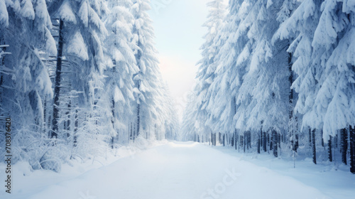 Snow-covered road through a dense winter forest.