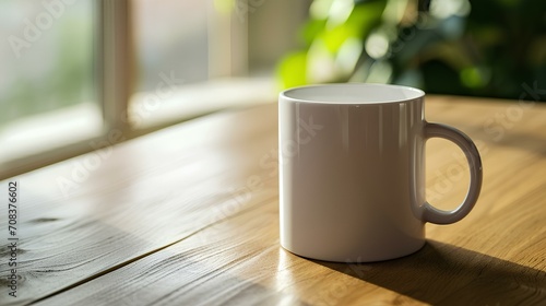 White cup, coffee mug on a table. mockup for designs. generative AI