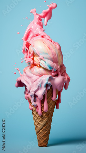 Variety of ice cream scoops in waffle cone isolated on plain background. Summer refreshment swirl splash. Generative AI