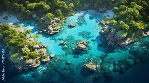 Overhead shot revealing an exquisite island vista featuring palm-fringed coastlines, secret coves, and a vibrant underwater world thriving in the warm tropical waters. photorealistic Generative AI