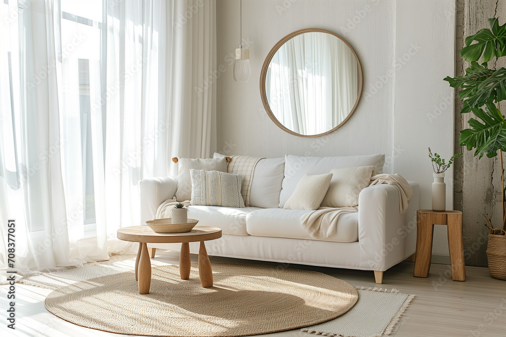 Einrichtung eines Wohnzimmers, skandinavischer Stil, weiße Möbel, Textilien, modern, Spiegel, elegant und lakonisch, Sofa, gemütlich Einrichtung eines Wohnzimmers, skandinavischer Stil, weiße Möbel, Textilien, modern, Spiegel, elegant und lakonisch, Sofa, gemütlich