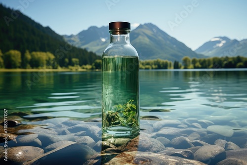Glass bottle with clear water against the background of mountains on a summer day. water from a mountain river. drinking water purification concept