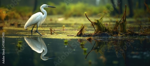 Egrets searching for food in wetland photo