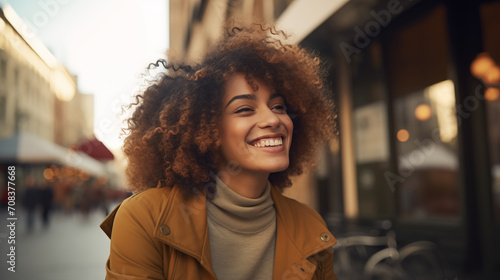 A woman with curly hair is smiling in the city with a bright smile.