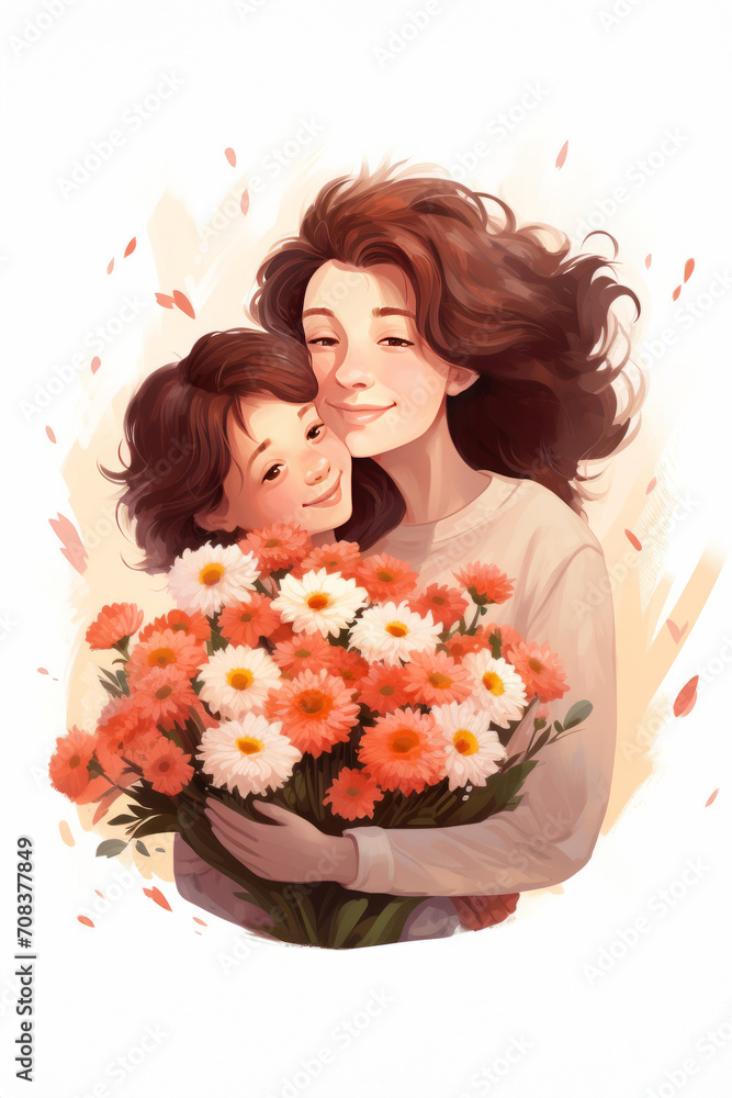 Mother's Day concept. Mother hugging her child and a bunch of flowers. Mother's Day concept. Mother hugging her child and a bunch of flowers.