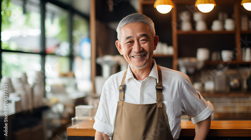Old Asian man smiling with confidence in a coffee shop. photo