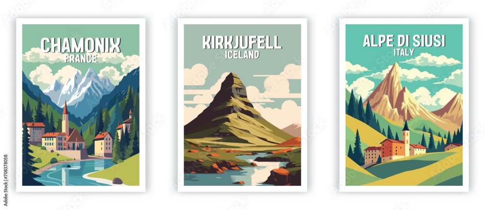 Kirkjufell, Chamonix, Alpe di Siusi Illustration Art. Travel Poster Wall Art. Minimalist Vector art