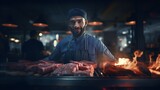 Portrait of a male chef grilling steak, using a grill station, precision cooking at a restaurant Generative AI