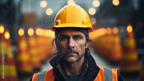 Portrait of a road worker with safety cones, organizing traffic flow, ensuring safety at a construction zone Generative AI © vadosloginov