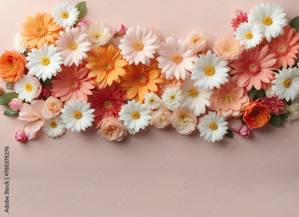 Obraz premium Beautiful flower composition on pastel background with copy space for Valentine's, Women's Day or Mother's Day 