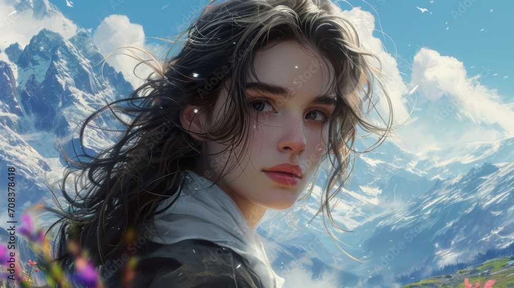 Realistic depiction of a girl's close-up amidst mountainous landscapes, hair swaying in the wind, showcasing her connection with nature's beauty Generative AI