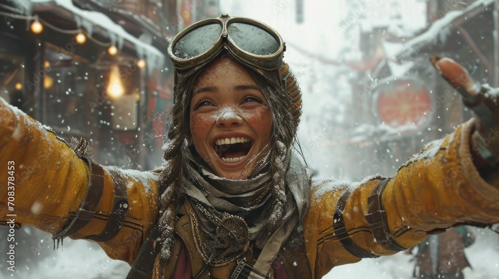Realistic depiction of a post-apocalypse person in steampunk attire, exuding joy and optimism despite the harsh environment Generative AI