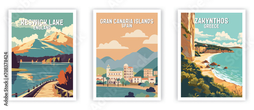 Keswick Lake, Gran Canaria Islands, Zakynthos Illustration Art. Travel Poster Wall Art. Minimalist Vector art
