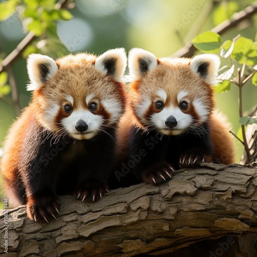 Two red pandas sitting on a tree branch