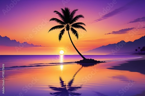 vector beach scene with sunset, palm sunday, Generated AI