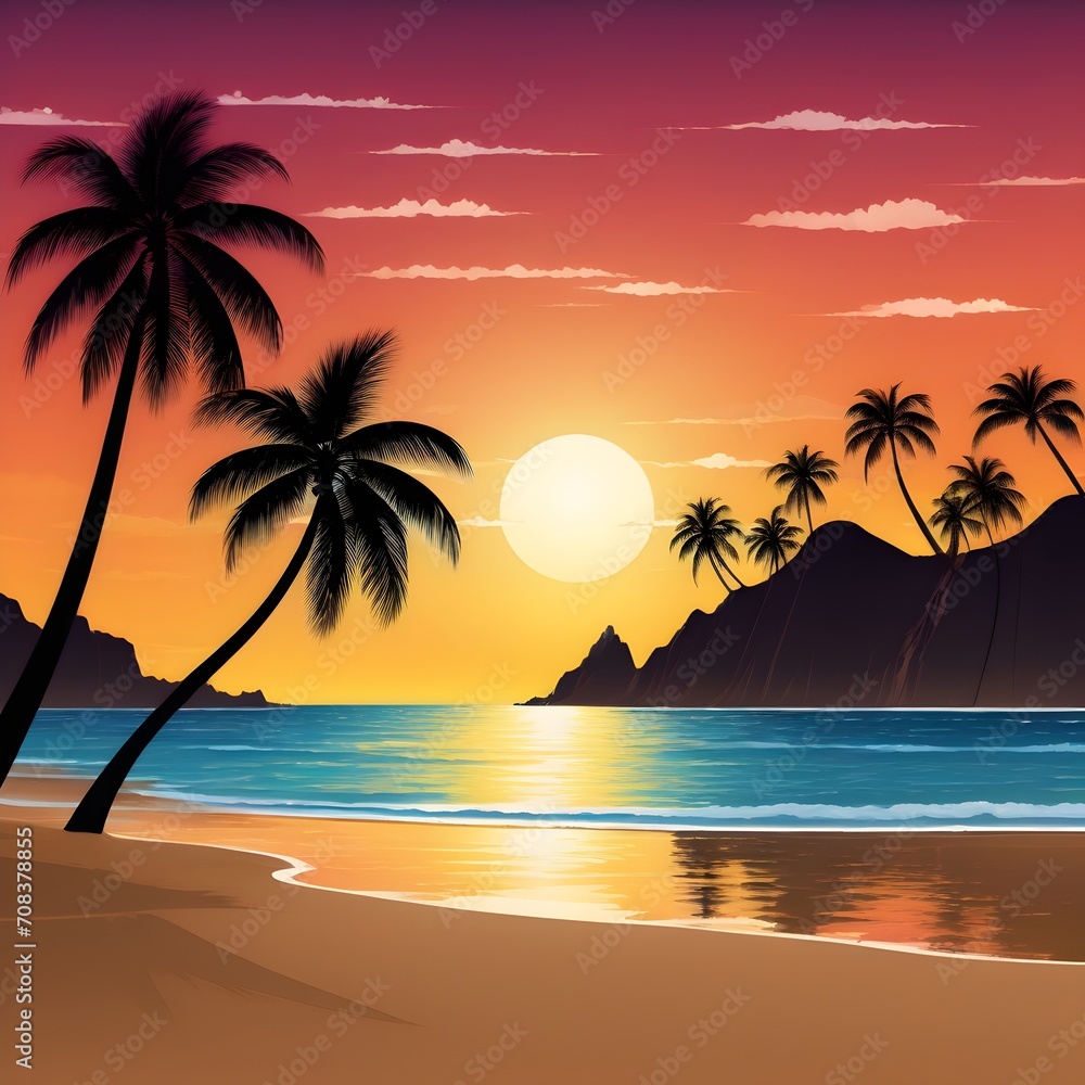 Obraz premium vector beach scene with sunset, palm sunday, Generated AI