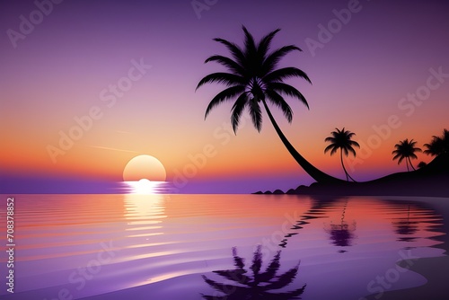 vector beach scene with sunset, palm sunday, Generated AI © mdabu