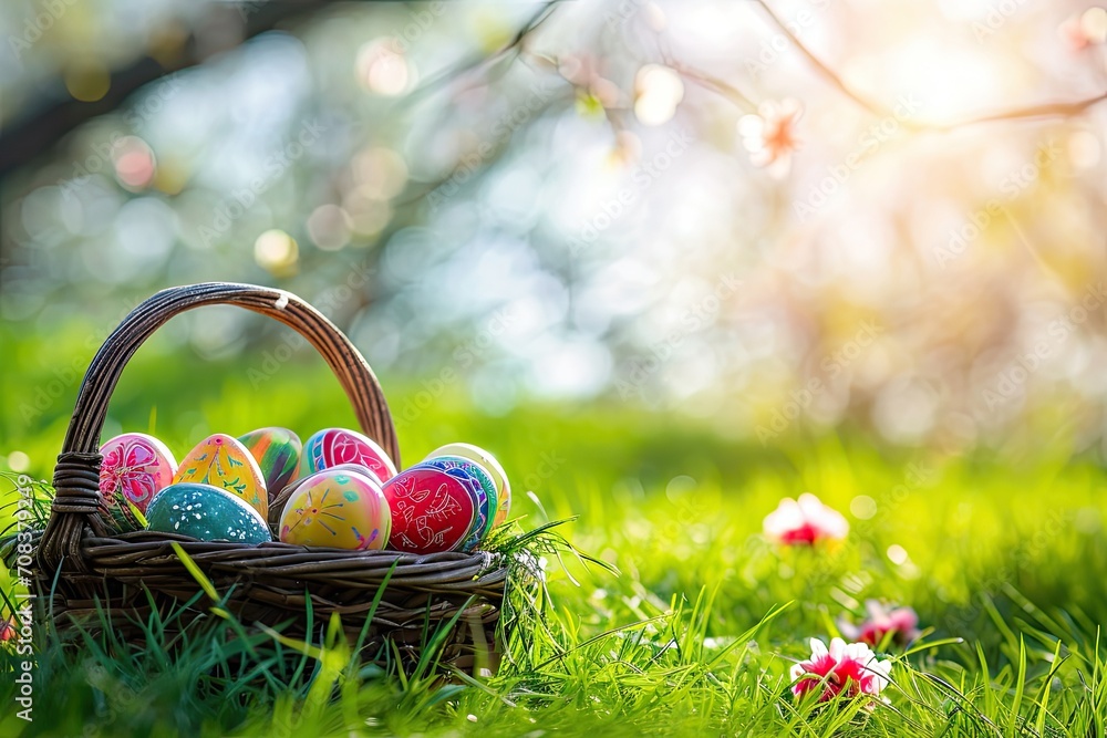 Easter Painted Eggs In Basket On Grass In Sunny Orchard Easter Painted Eggs In Basket On Grass Easter Painted Eggs In Basket On Grass In Sunny Orchard Easter Painted Eggs In Basket On Grass