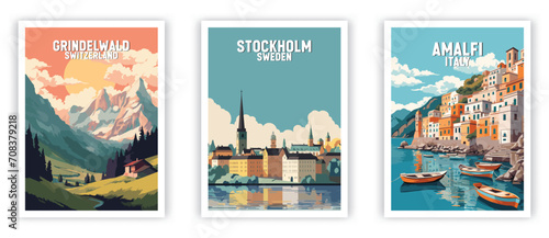 Stockholm, Amalfi, Grindelwald Illustration Art. Travel Poster Wall Art. Minimalist Vector art