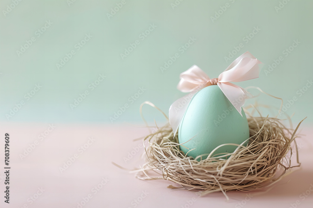 Obraz premium Easter egg with a big bow . in the nest. Pastel colors . Copy space . Advertising Easter product photography or newborn,baby shower concept