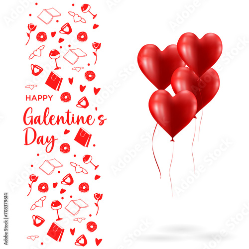 Celebration in Bloom A Bundle of Red Heart Balloons Tied with White Ribbon, Featuring a Central White Heart. 'HAPPY Galentine's Day' Shines in Red Glitter, Infusing Joy into the Image