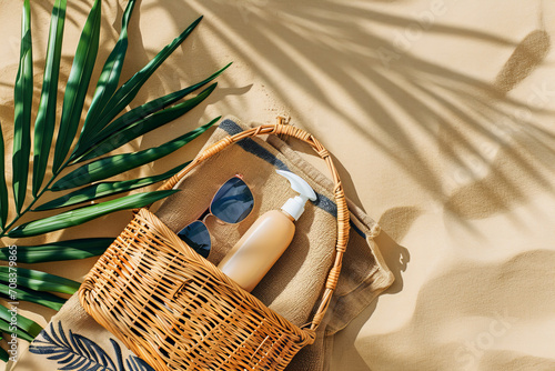 Wicker bag with sunscreen cream ,sunglasses and palm leaf on a beach towel on isolated sand background with copyspace photo