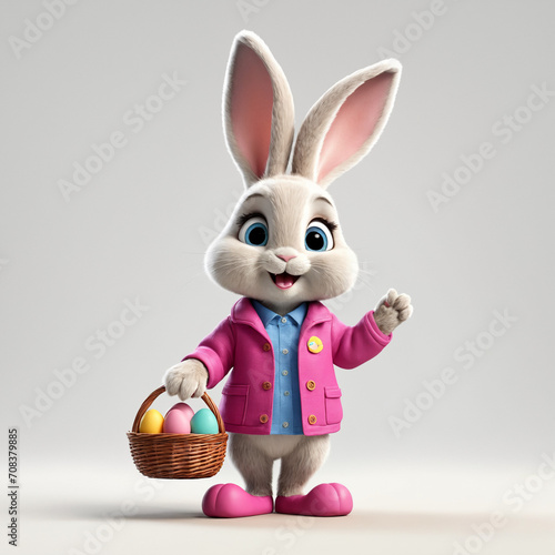 adorable easter bunny in pink jacket with easter eggs basket isolated on white background