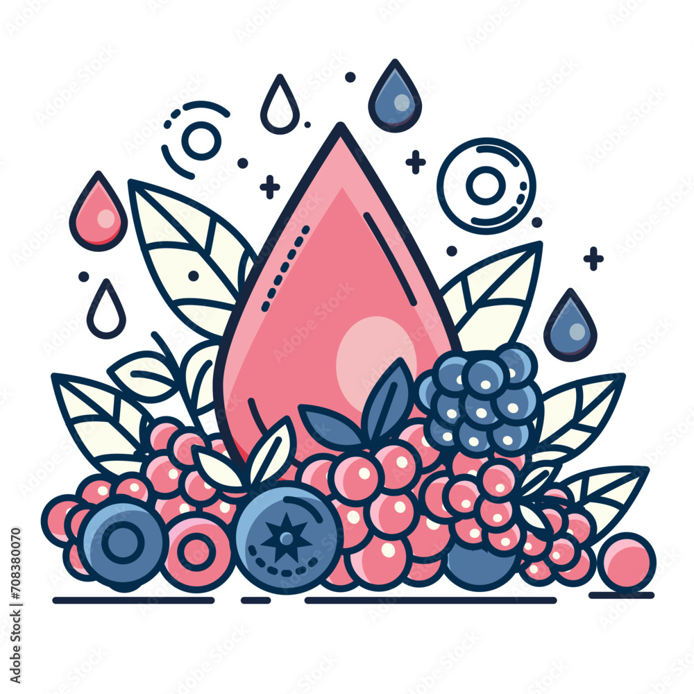Organic product concept. Fruits, berries , essential oil, vitamins. Vector illustration in line art style on white background.