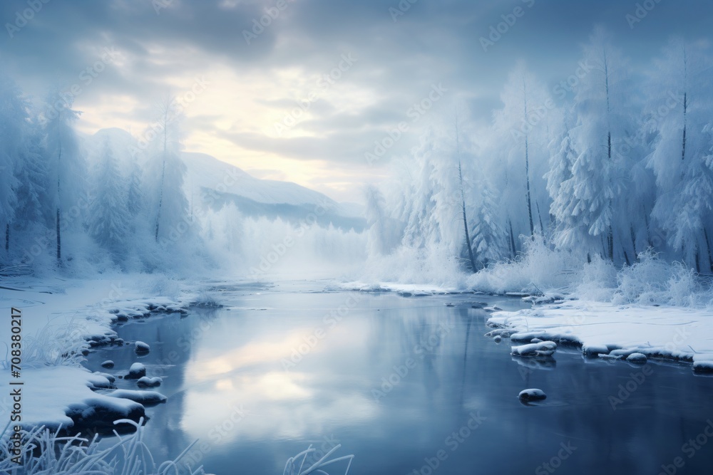 A frozen lake in a forest covered with snow A frozen lake in a forest covered with snow
