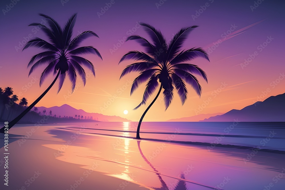 vector beach scene with sunset, palm sunday, Generated AI