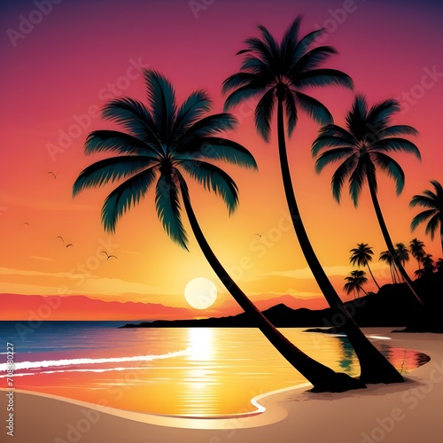 vector beach scene with sunset, palm sunday, Generated AI