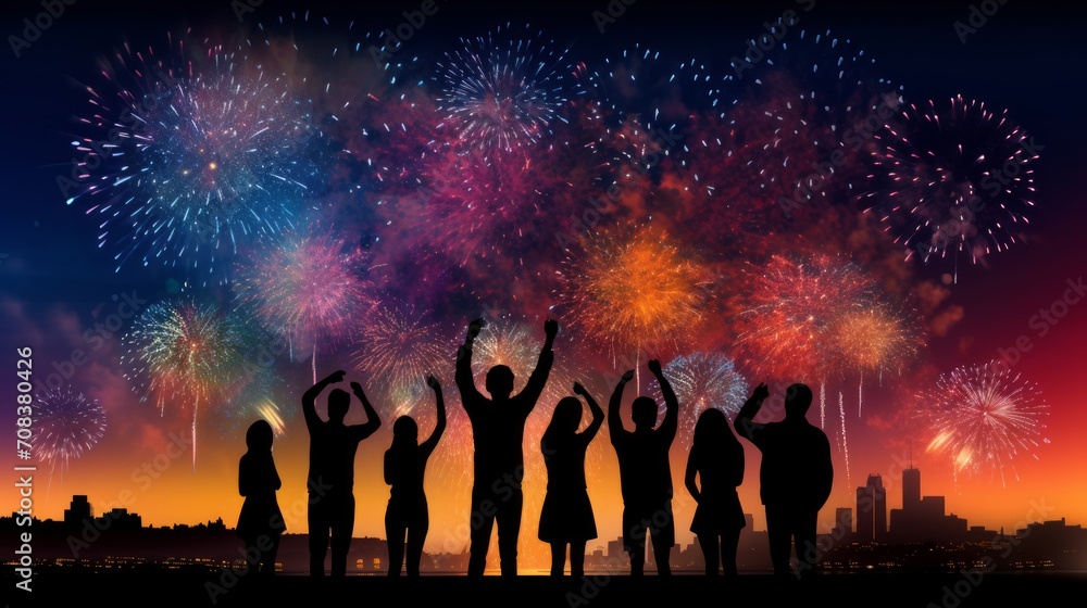 Silhouettes of people enjoying a fireworks show against a backdrop of colorful explosions. Generative AI Silhouettes of people enjoying a fireworks show against a backdrop of colorful explosions. Generative AI