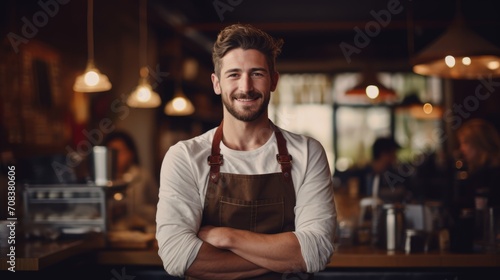 Barista portrait on a blurred background. Hipster barista man with beard. © brillianata
