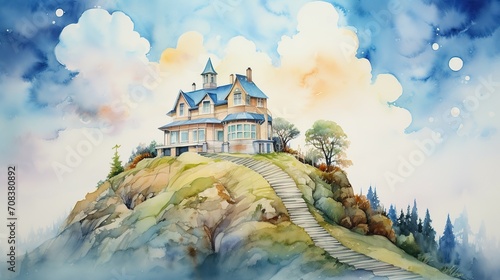 beautiful house on the hill with blue sky watercolor painting