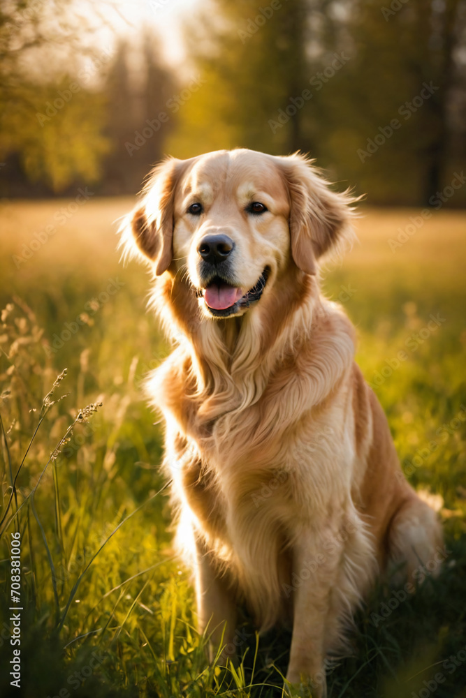 A golden retriever in the grass, spring meadow full of colorful flowers A golden retriever in the grass, spring meadow full of colorful flowers