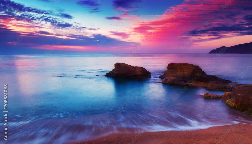 Ocean landscape with colorful sky, with long exposure.