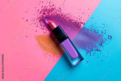 Makeup cosmetic products color background flat lay top view.woman beauty fashion decorative. Set of decorative cosmetics with makeup brushes on colorful background.