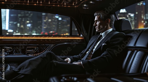 Suited businessman, cityscape backdrop, luxurious limousine interior, realistic lighting, detailed photorealism Generative AI © vadosloginov