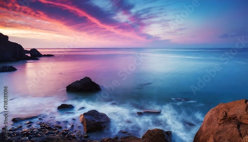 Stones on the ocean shore, colorful evening sky landscape, blur of waves with long exposure.