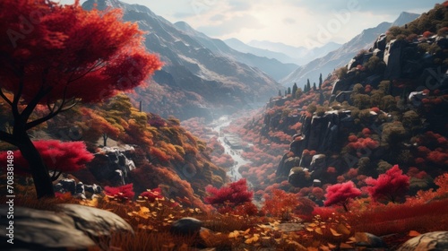 The vibrant hues of autumn painting the mountainside with a tapestry of red, orange, and yellow foliage. Generative AI