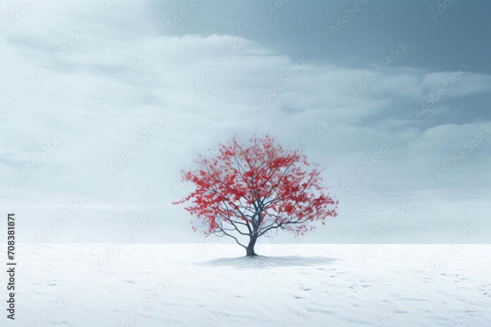 A minimalistic autumn tree with red leaves in a winter landscape with snow on the ground