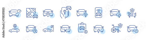 Car rental service icons set. Parking, medical assistance, qr code unlock and airport pick-up. Pixel perfect, editable stroke 