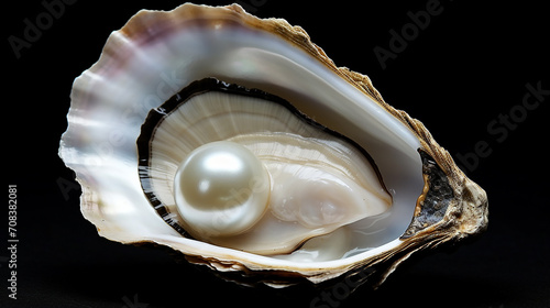 single white natural oyster pearl with nacre mother of pearl outer isolated on black background