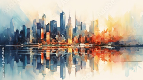 Vibrant cityscapes with futuristic skylines. aquarelle Generative AI © vadosloginov