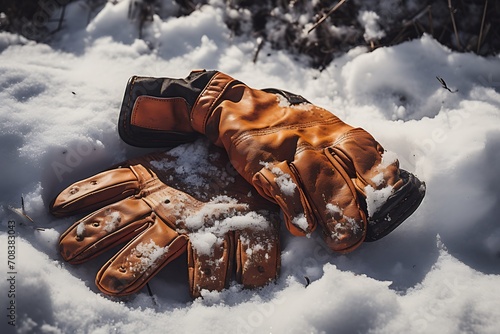 a woollen gloves on a snowy surface photo