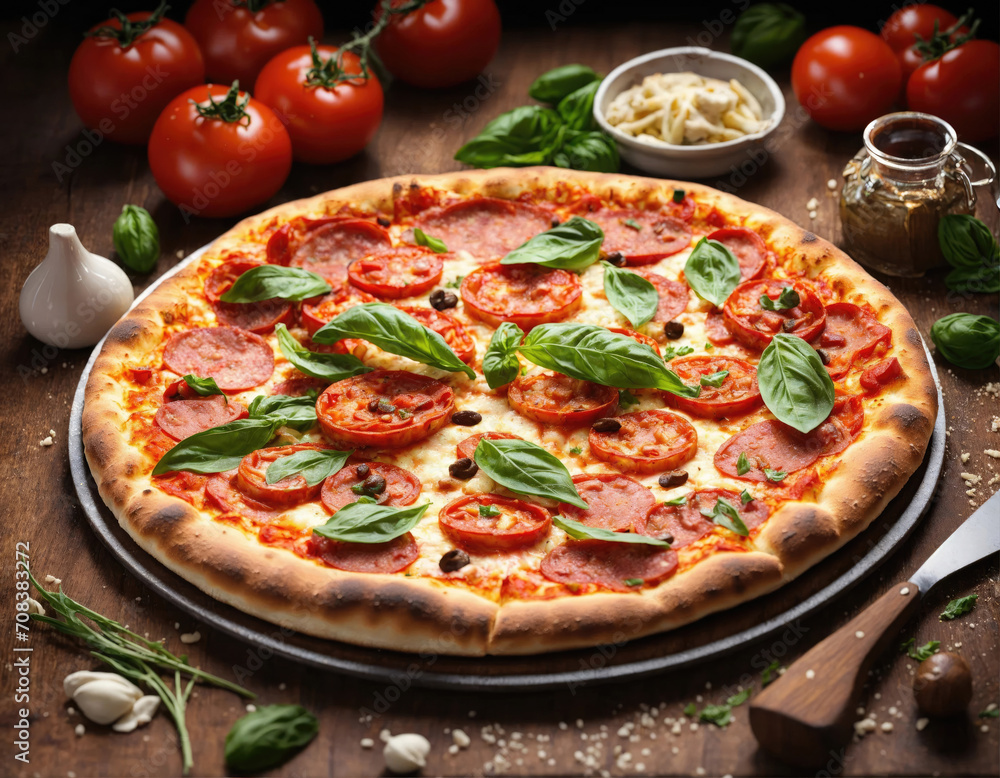 Italian freshly baked pizza on a wooden surface