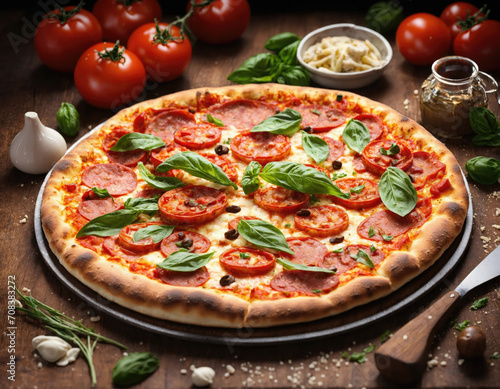 Italian freshly baked pizza on a wooden surface