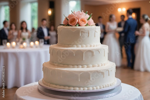 Close up shot of a wedding cake, blurred background of a wedding party