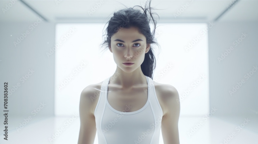 girl in a white room doing sports online Generative AI girl in a white room doing sports online Generative AI