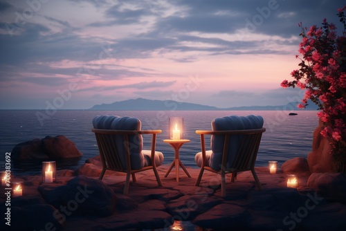 A romantic dinner table at the beach with candlelight and armchairs